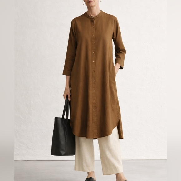 Eileen Fisher Dresses & Skirts - Eileen Fisher Large Gold Leaf Recycled Satin Long Shirt Dress Mandarin Collar